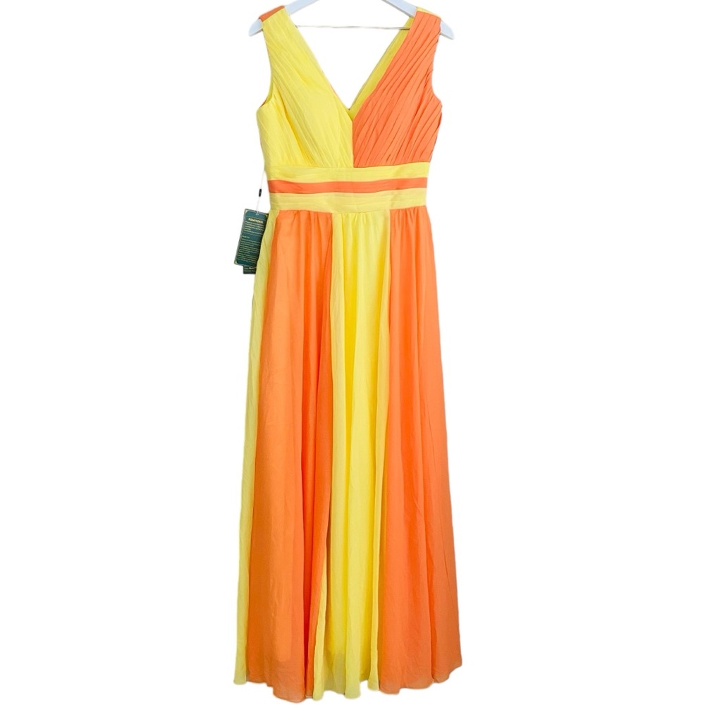 Grace Karin NWT Yellow & Coral Orange Color Block Pleated Maxi Dress Size Size 8 - Picture 2 of 9